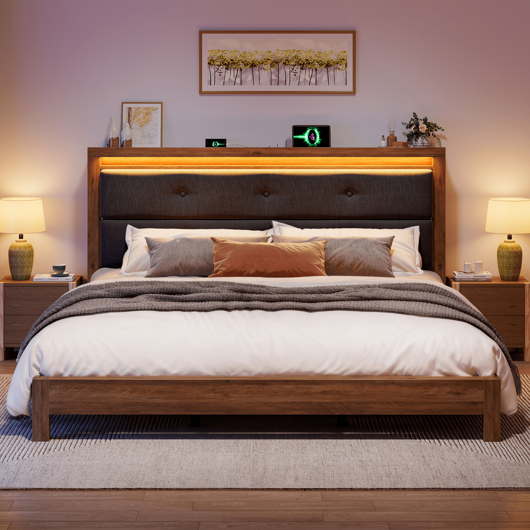 King Size Bed Frame with Headboard & Charging Station & LED Lights Upholstered Bed Frame with Storage Platform Wood Bed