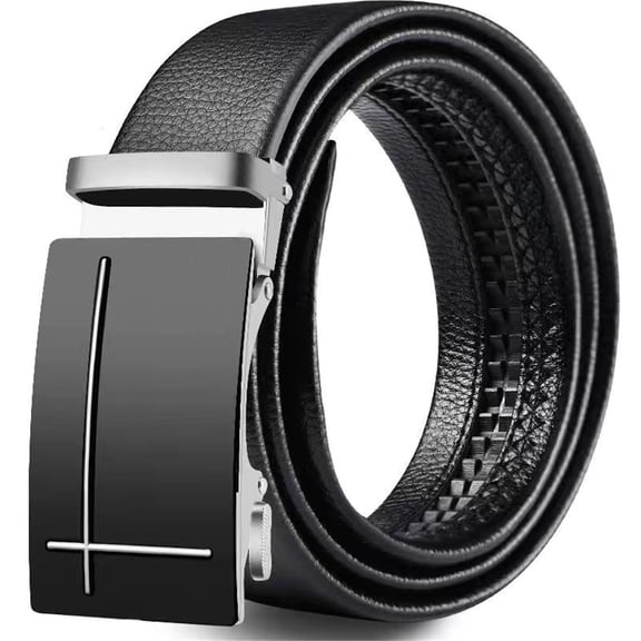 Men's Leather Belt Automatic Ratchet Buckle Slide Belt, for Dress Casual Trim to Fit with Gift(black)