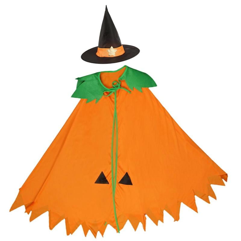 Halloween Pumpkin Cape Cloak With Cone Hat Costume Cosplay Fancy Dress