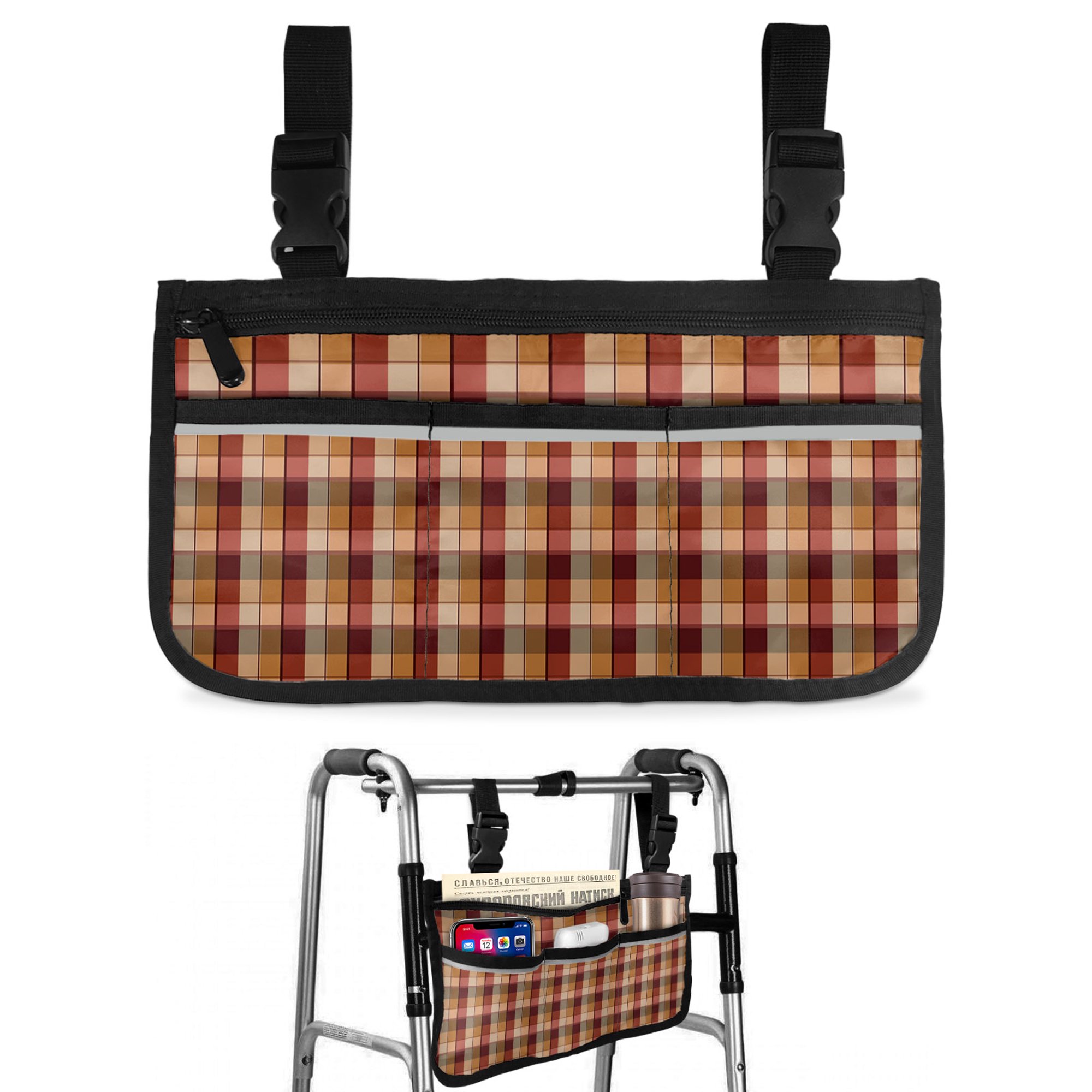 Red Brown Checkered Wheelchair Side Bag Walk Bag Basket, Farmhouse Vintage Buffalo Plaid Wheelchair Accessories Armrest Pouch, Organizer Storage Bags for Walkers, Rollators, Scooters, 7.3"x13"