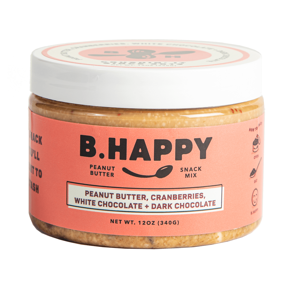 (2 pack) B Happy Peanut Butter, All Natural, Joy to the World - White and Dark Chocolate, Cranberries 12 oz