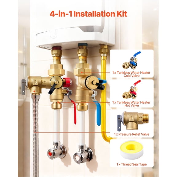 Water Heater Kit,3/4"Tankless Water Heater Service Valve Kit with 2PCS 3/4–NPT to 3/4–PTC Isolation Valves,Pressure Relief Valve,Fits Most Tankless Waters Heaters,Lead-Free Brass