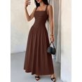 thumbnail image 3 of Petite Womens Coffee Brown Solid Square Neck Flared Maxi Dress For Spring Summer, 3 of 7