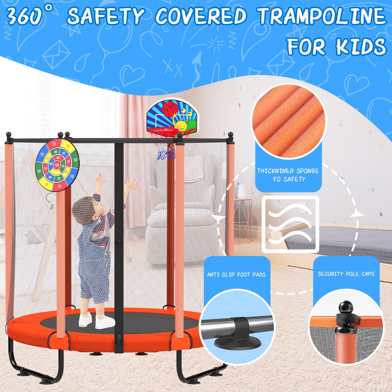 ACWARM HOME 5FT Toddler Trampoline For Kids 60" Mini Size Indoor&Outdoor With Safety Net Gift for Boys & Girls 440Lbs for Orange
