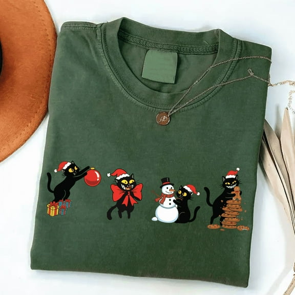 Black Cat Christmas T-Shirt, Cute Holiday Cat Graphic Tee with Santa Hats — Makes a Lovely Christmas Present