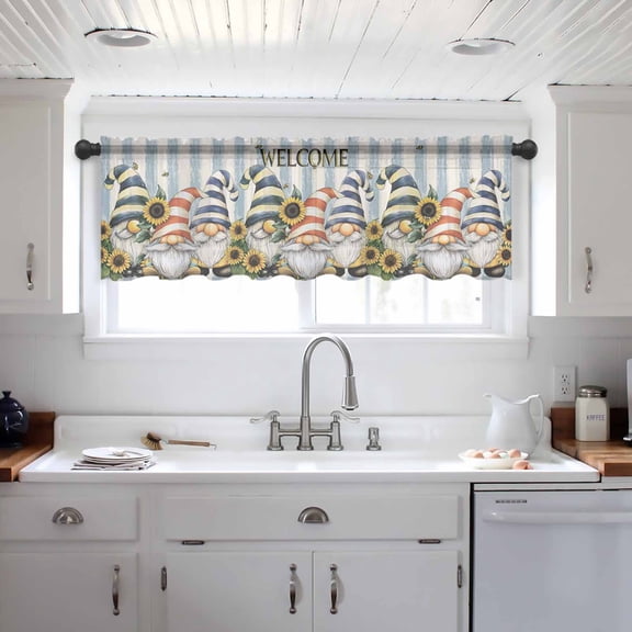 Sunflower Gnomes Valance Curtains for Kitchen/Living Room/Bathroom/Bedroom Window,Farmhouse Striped Bee Yellow Summer Flower Rod Pocket Small Topper Half Short Window Curtains Sheer Scarf 54"x18"