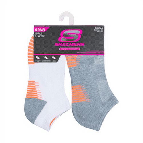 Skechers Kids Girls' 6 Pack 1/2 Terry Low Cut Socks, White/Grey, 9-11