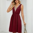 thumbnail image 4 of YYDGH Women's Sleeveless Solid Dress Casual Crochet Lace Trim V Neck Mini Dress Elastic Waist Pleated Dresses with Pockets Wine XXL, 4 of 5