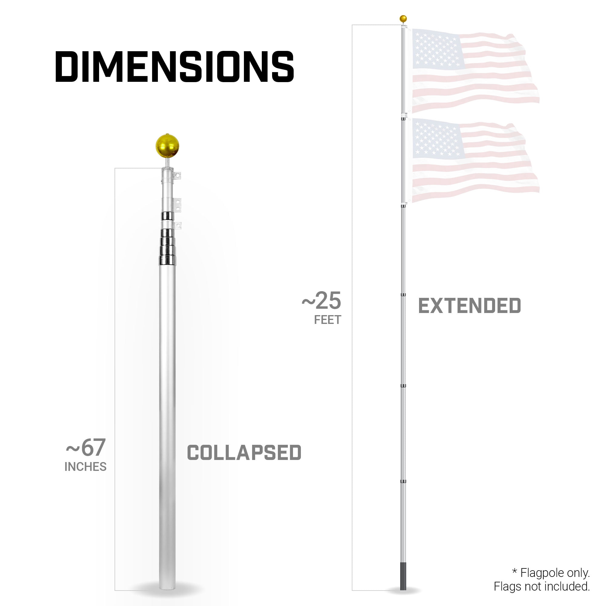 G128-25 Ft Telescoping Flag Pole Aluminum Silver |Flag Poles for Outdoor/Ground Heavy Duty | Flag EXCLUDED
