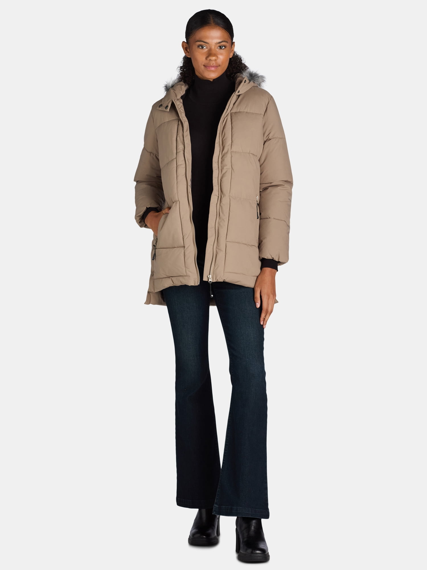 Big Chill Women's and Women's Plus Wide Quilted Puffer Coat with Faux Fur Trim Hood, Sizes S-3X