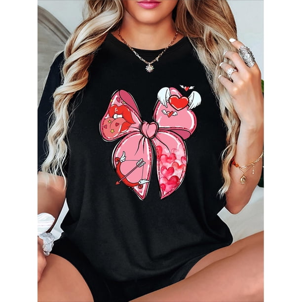 Valentine's Day Cupid & Bow Print T-Shirt - Women's Casual Crew Neck, Short Sleeve Top for Spring & Summer, Stretchy 100% Cotton, Machine Washable Tee For Adult, Men, Women, Teen, Teenager, Adolescen