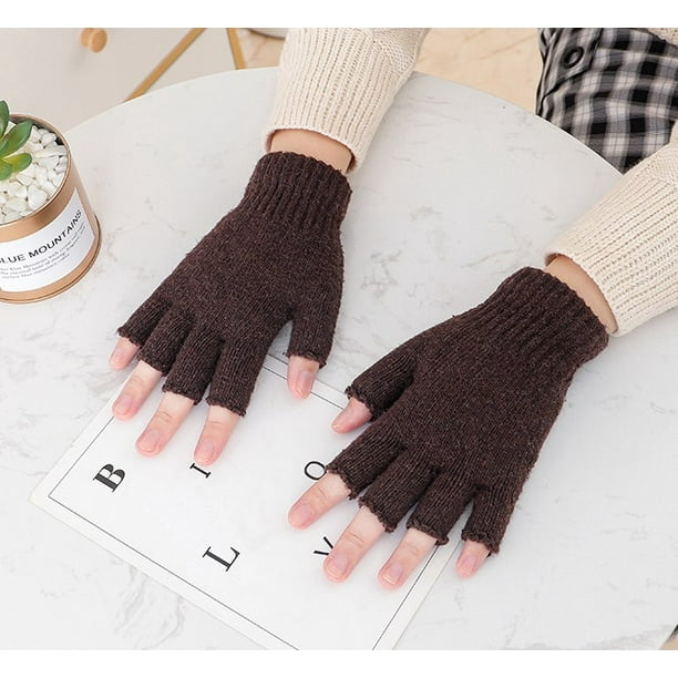 2 Pairs Fingerless Gloves Half Finger Mittens Winter Solid Color Knitted  Typing Gloves for Boys and Girls 