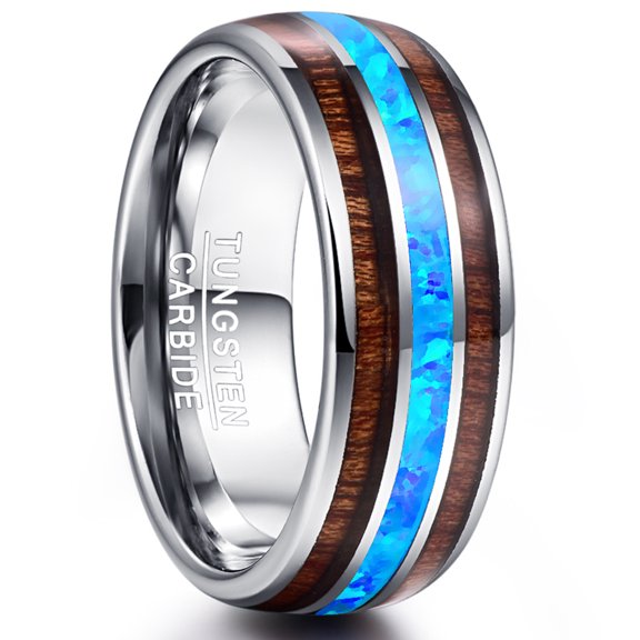 JQUEEN 8mm Hawaiian Koa Wood Tungsten Rings for Unisex Blue Created-Opal Wedding Band Size 6-14