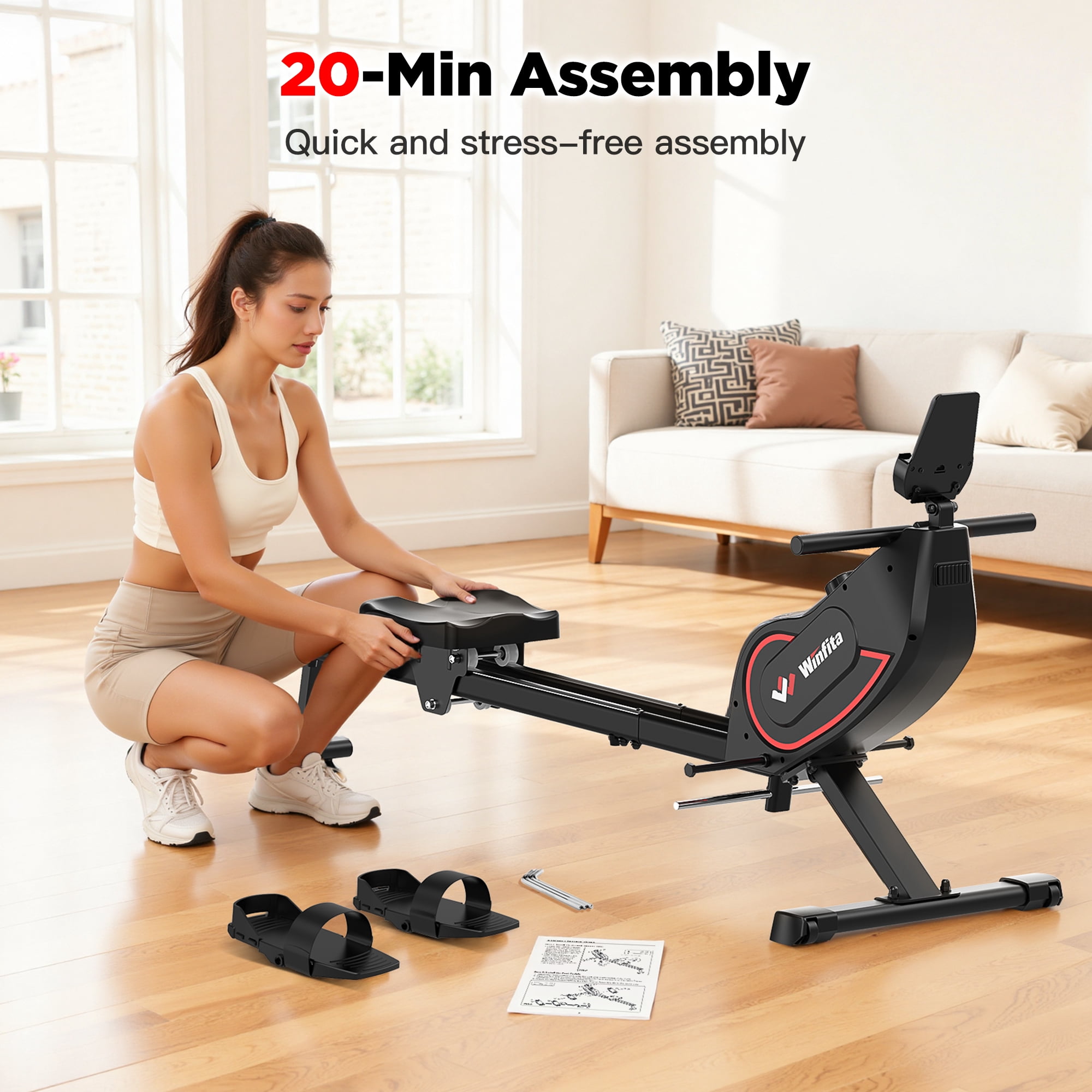 Winfita Rowing Machine for Home, 350 LB Capacity, 16-Level Silent Resistance, Magnetic Rower, Full-Body Workout Compact Rowing Machine for Cardio & Strength with APP Support