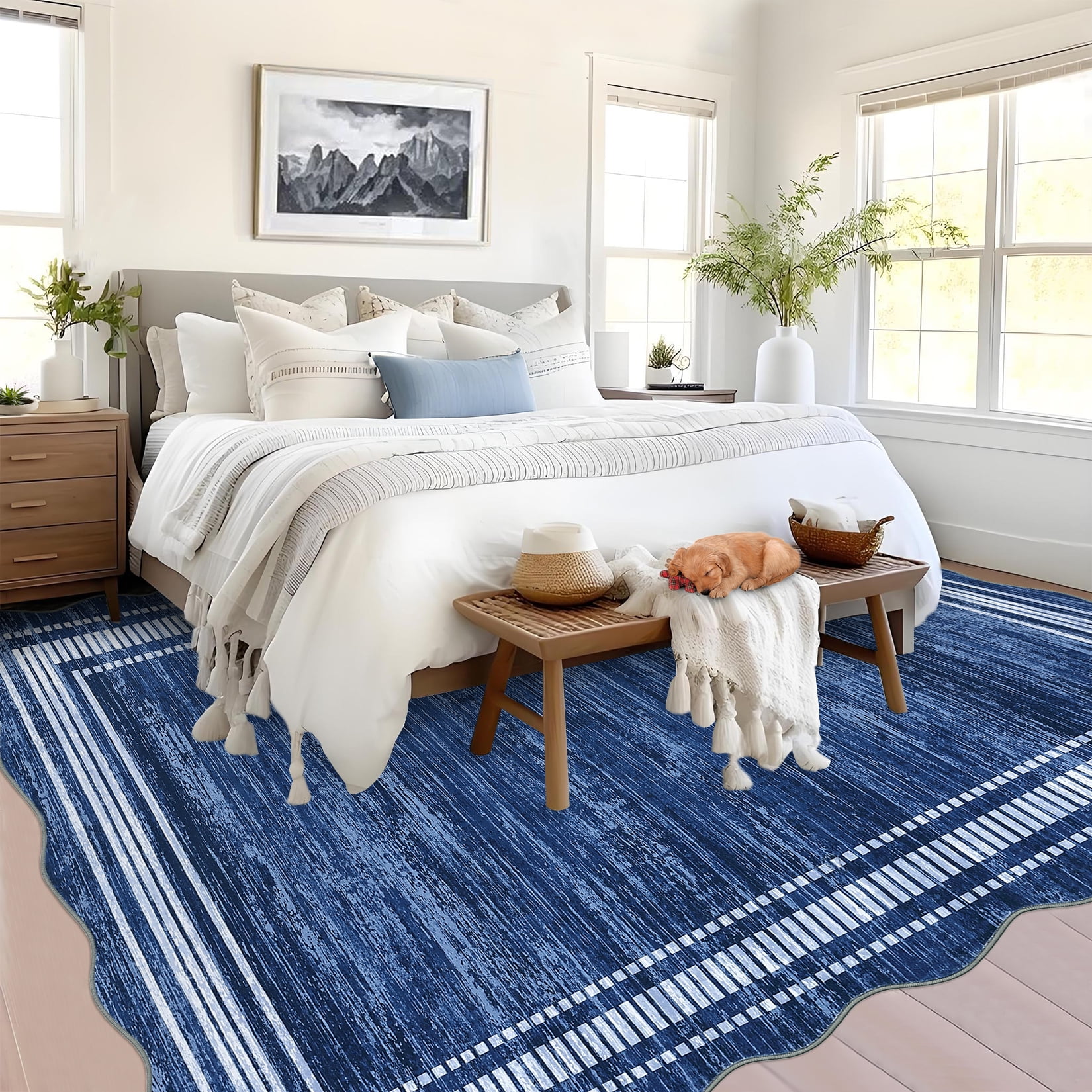 FairOnly Navy Blue 10'x13'Modern Machine Washable Plain Area Rug with Ruffled Border Non Slip Soft Carpet for Living Room Kitchen Entrance