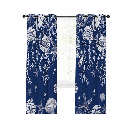 Navy Blue Coastal Blackout Curtains 96 Inches Long for Bedroom Starfish Coral Ocean Conch Sea Nautical Thermal Insulated Room Darkening Black Out Window Curtain Panels Grommet Drapes for Living Room