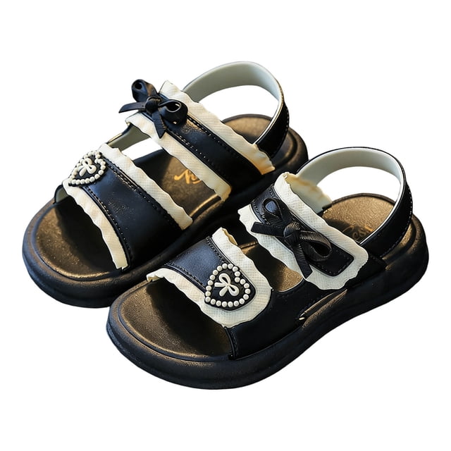 Xfvqtps Kids Girls Beach Sandals Bow Open Toe PVC Soft Sole Flats Hook and Loop Summer Shoes