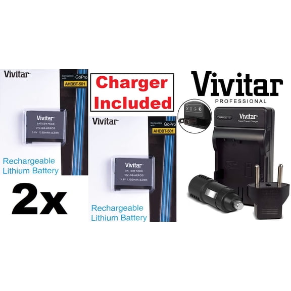 2-Pcs AHDBT-501 Li-Ion Battery With Rapid Charger for GoPro HD HERO5 Hero-5