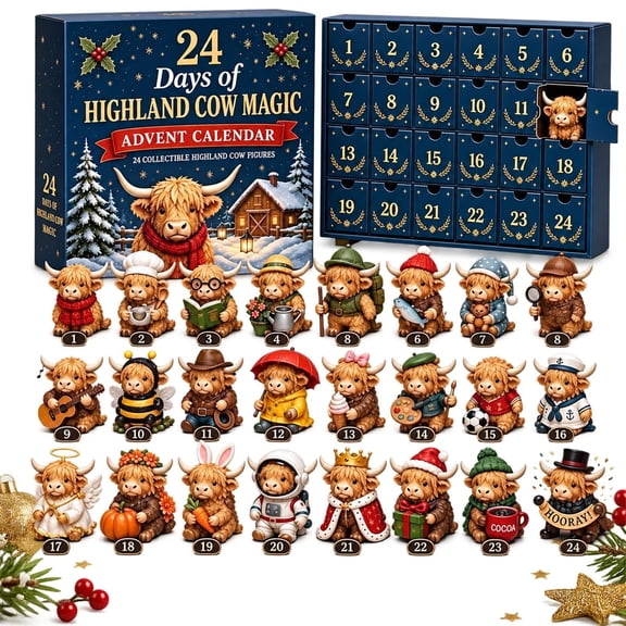 Highland Cow Advent Calendar 2026 24 Days of 3D Magic Cow Mini Figurines