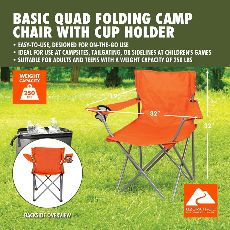 Ozark Trail Quad Folding Camp Chair with Cup Holder, Bright Orange