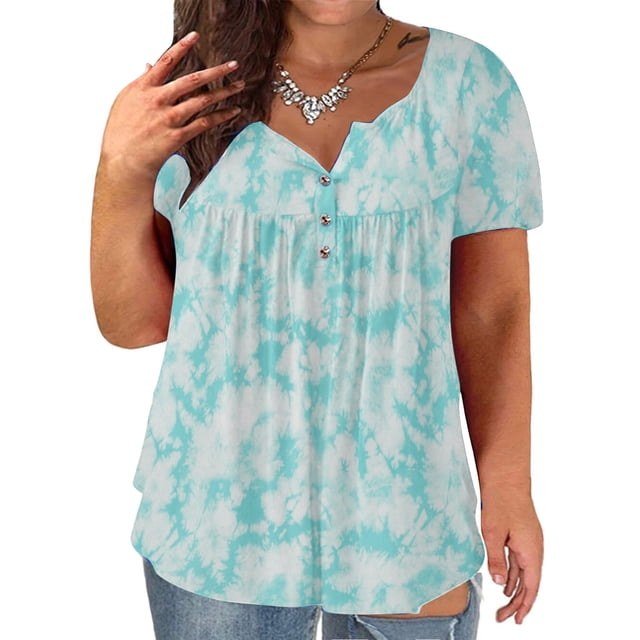 Qucoqpe - Camiseta de verano para mujer, talla grande, informal, con estampado, manga corta, cuello en V y botones, holgada, estilo Y2K, en oferta