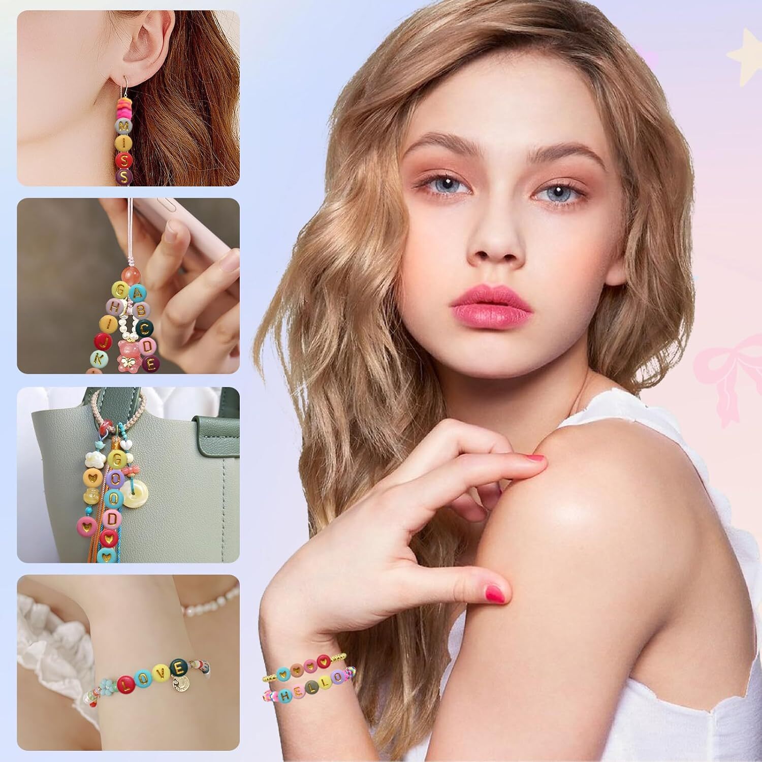 1400 Pieces Round Alphabet Letter Beads A-Z 4x7mm Black Acrylic with Colorful Letter and Crystal Line for Jewelry Making, Style 6