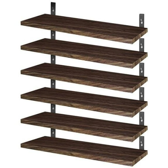 15.55 x 5.19 in. Wall Mounted Wood Storage Shelves with Metal Bracket Hanging Display Shelf Wall Organizer, Dark Brown - Set of 6