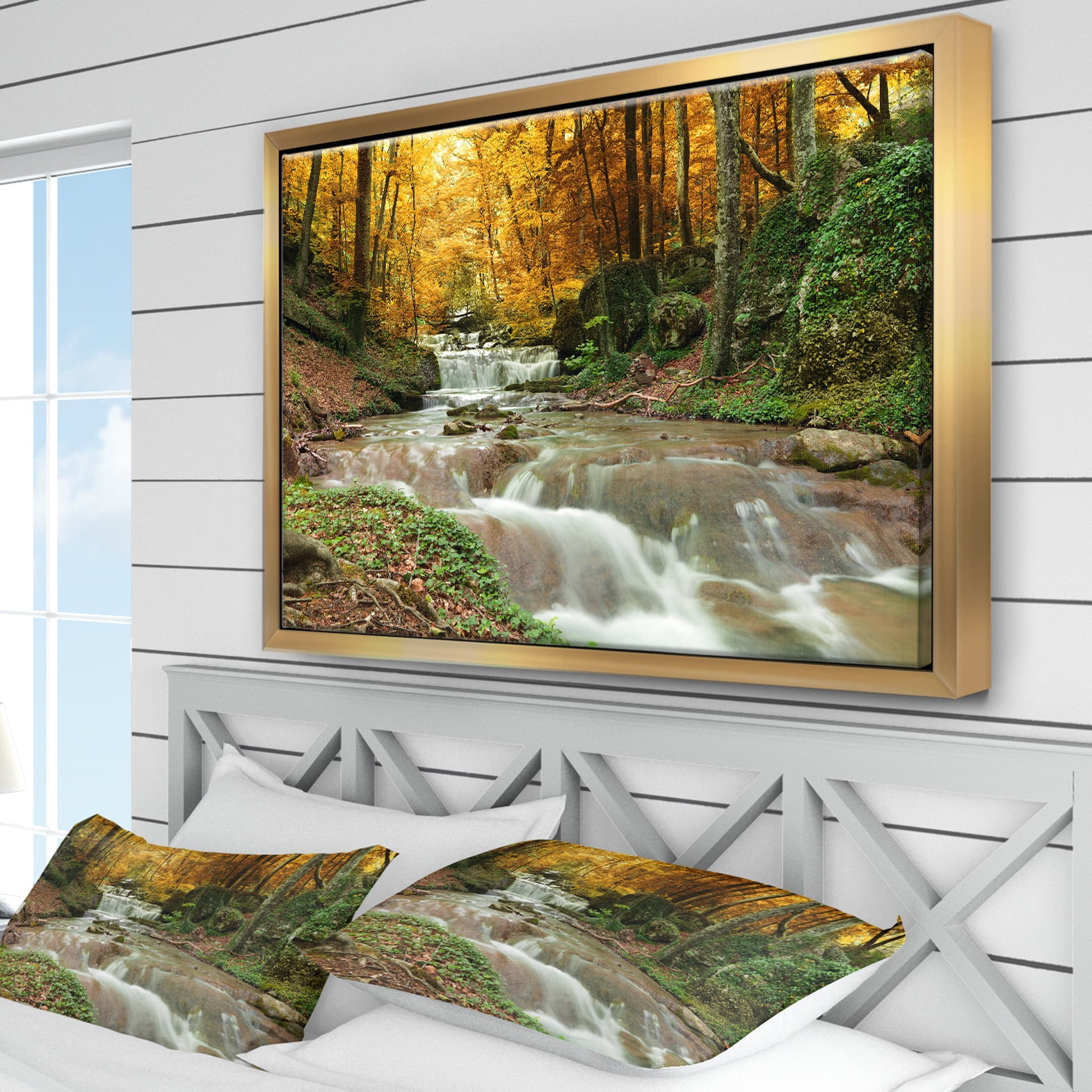 Designart ' Forest Waterfall with Yellow Trees ' Large Landscape Framed Canvas Art Print