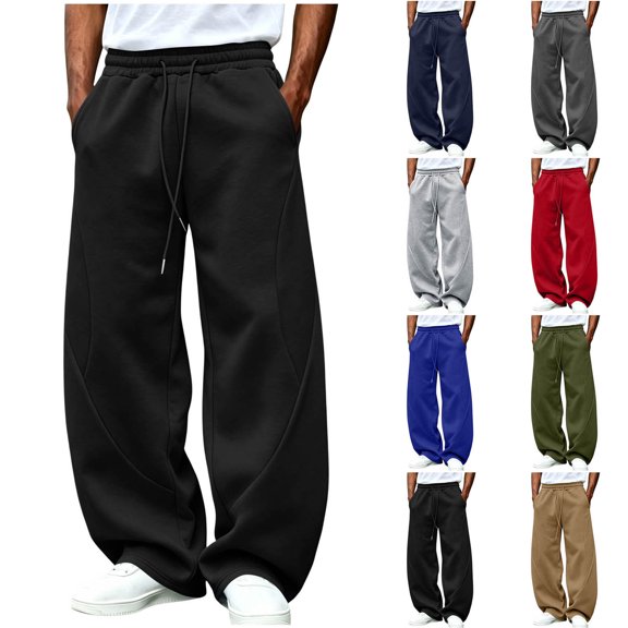 Men Wide Leg Sweatpants Sevevn Elastic Drawstring Waist Slant Hand Pockets Solid Knit Trousers For Gym Sports Street Casual Daily Outfits