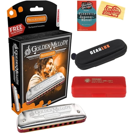 Hohner 544 Golden Melody Harmonica Bundle with Carrying Case, Pouch, Harmonica Beginner Manual, and Austin Bazaar Polishing Cloth - Key of A