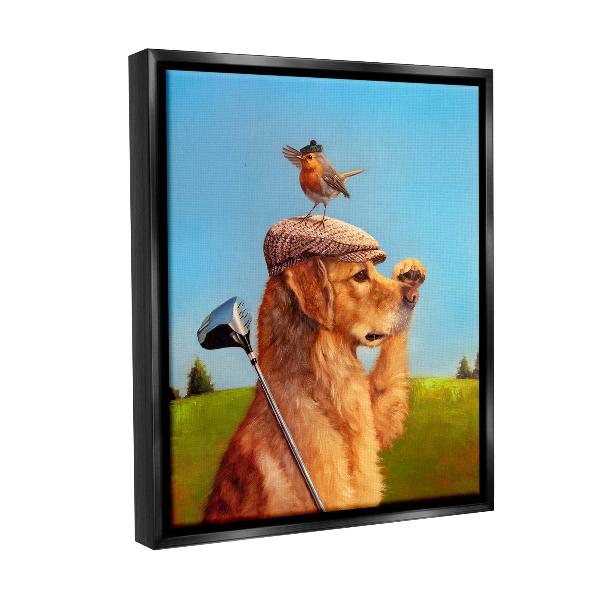 Stupell Industries Bird & Dog Golfing Animals & Insects Painting Black Floater Framed Canvas Art Print Wall Art, 17 x 21