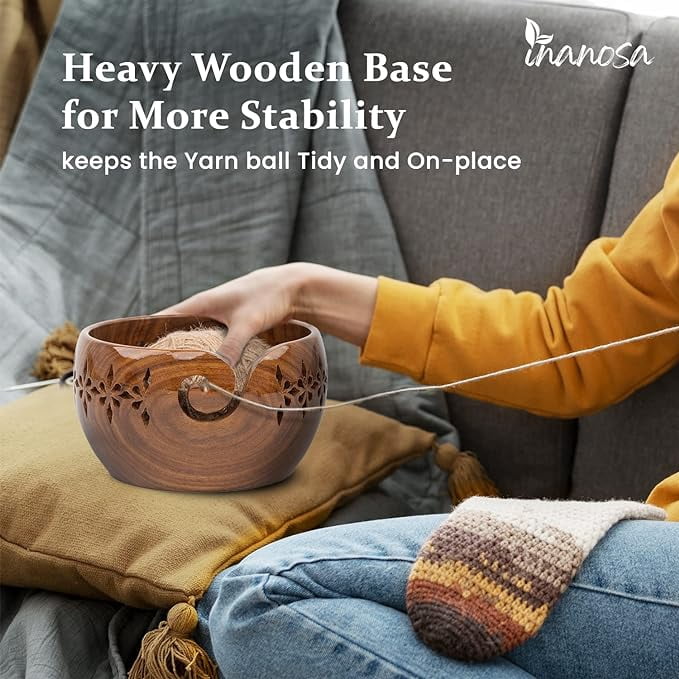 Inanosa 7x4 Inches Rosewood Yarn Bowl for Crocheting with 5,6 mm Crochet Hook, Preventing Slipping and Tangles | Best Gift from Craft Supplies for Crochet Lovers - Adults and Beginners | Brown, 1 Pc
