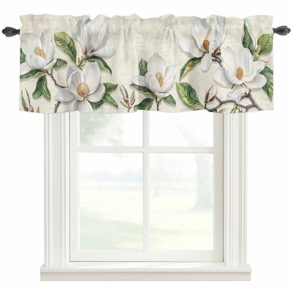 Spring Magnolia Flowers Window Valance Curtain Farmhouse Florals Rod Pocket Valance for Windows Short Curtain for Living Room, Bedroom & Kitchen Window Decor 42x12in