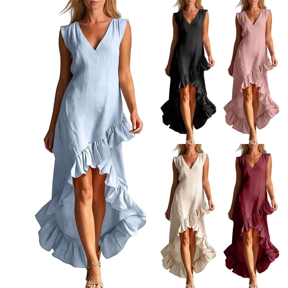 Delayuji Women's Summer Dress Ruffled Hem Sleeveless V Neck Tank Dress Long Dresses Beach Vacation Dress Wedding Guest Dresses