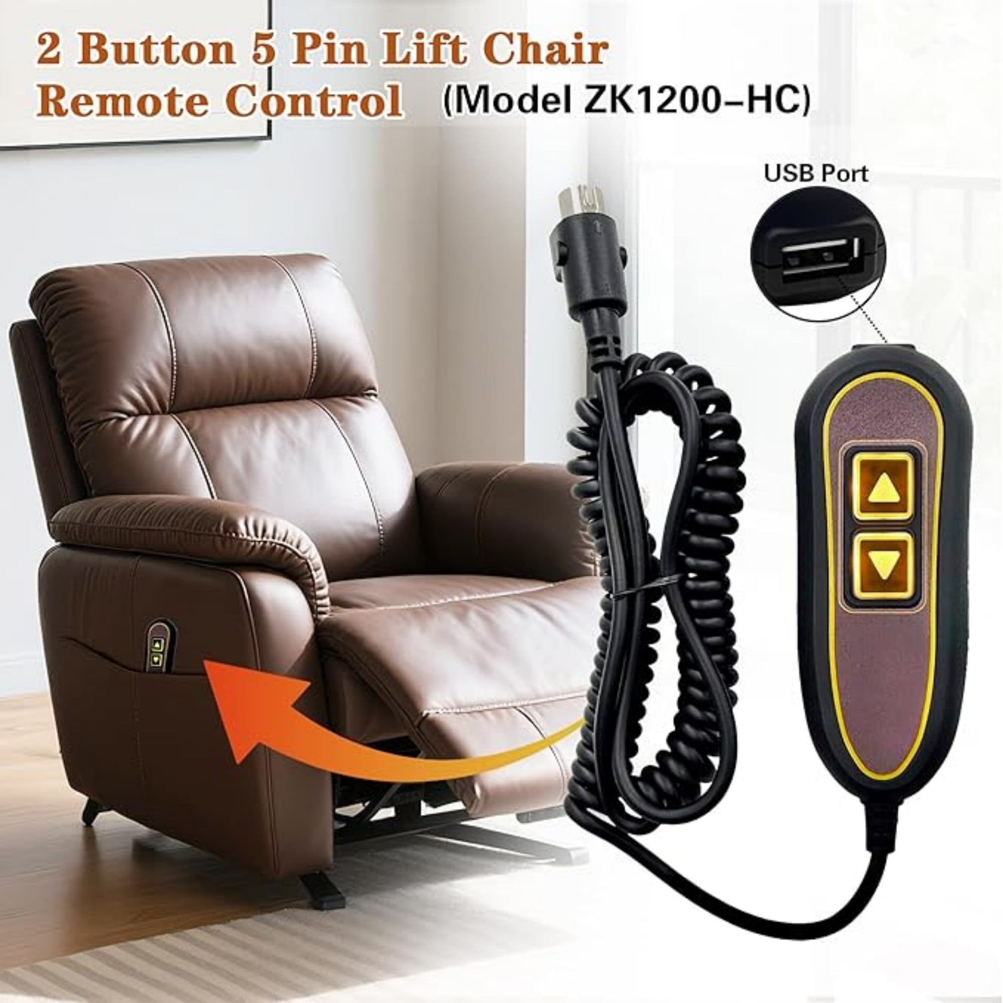 2 Button 5 Pin Remote ZK1200-HC Hand Control Replacement for Golden with USB and Backlight for Lift Chair Power Recliner
