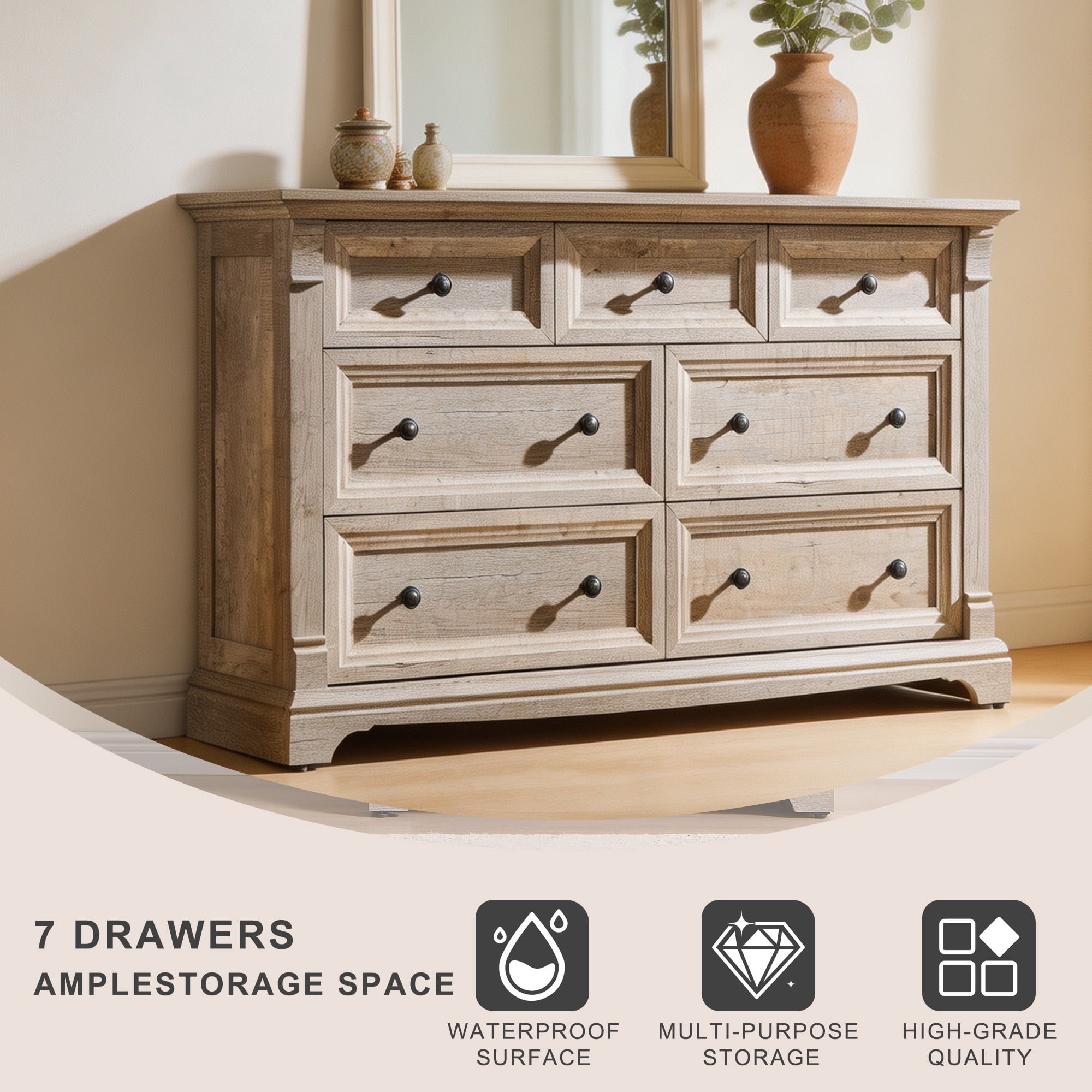 KeyWhat 54" Farmhouse 7-Drawer Dresser with Handles for Bedroom, Living Room , Hallway