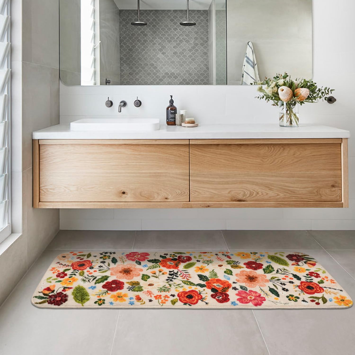 Floral Bathroom Rugs Large Long Bath Mat, Washable Bathroom Runner Rug Non Slip, Cute Flower Rug for Bathtub Floor