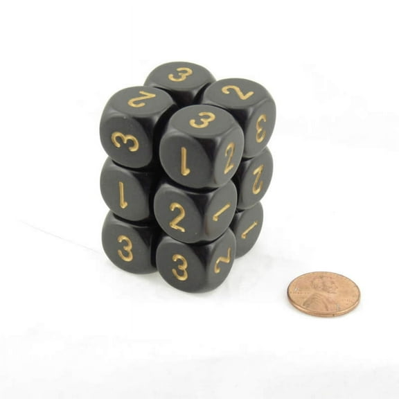 Black Opaque Dice with Gold Numbers D3 (D6 1-3 Twice) 16mm (5/8in) Pack of 12 Wondertrail