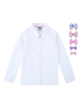 Bienzoe Girls School Uniform Oxford Long Sleeve Blouse Bowtie Pack White M