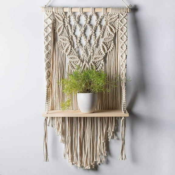 FineArt 3D Leaf Pattern Macrame Wall Hanging Shelf Pine Wooden Shelve Bohemian Decor Cotton Rope with Dowel Beige