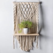 FineArt 3D Leaf Pattern Macrame Wall Hanging Shelf Pine Wooden Shelve Bohemian Decor Cotton Rope with Dowel Beige