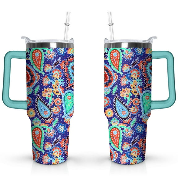 40oz Boho Style Tumbler with Handle Lid and Straw,Abstract Art Vintage Tumblers Gifts for Women Girls Men Adults(Greenish-blue)