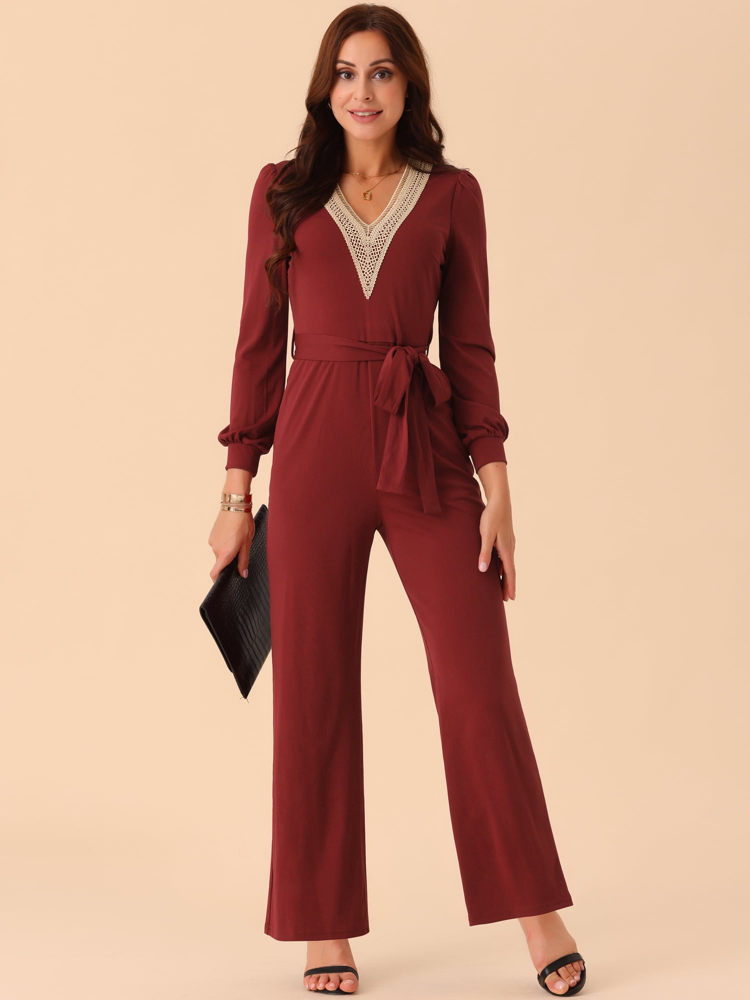 DARING DIVA Women's Long Sleeve Belted Stretchy Jumpsuit S Wine Red