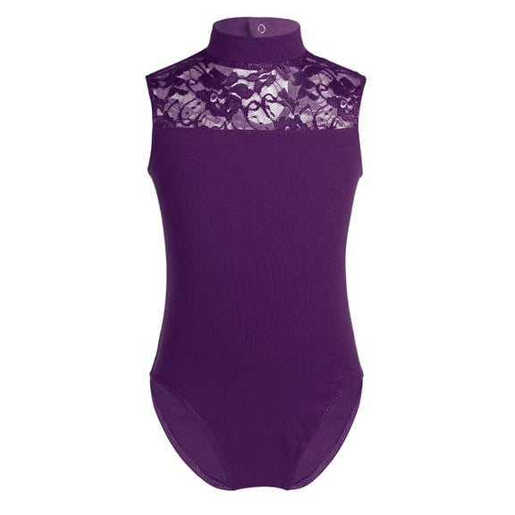 Yartina Big Girls Turtle Neck Lace Back Retro Dancewear Ballet Gymnastics Leotard Costumes Purple XL