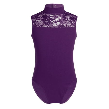 JanJean Kids Girls Sleeveless Lace Splice Keyhole Back Ballet Dance Leotard Gymnastic Athletic Purple XXL
