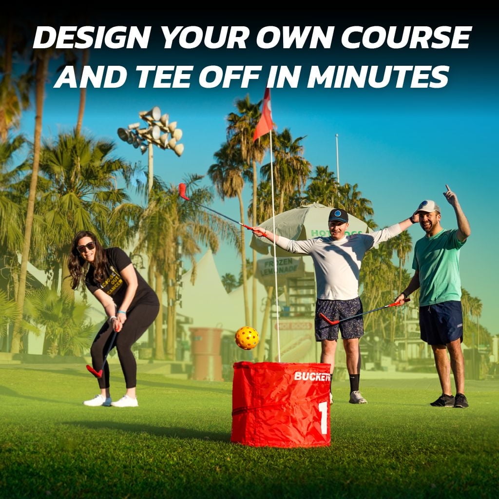 BucketGolf Pro 9 Hole Course - The Ultimate backyard golf game for levels, adults, kids and families. Play on vacation, park, beach, camping and more.
