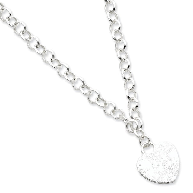Sterling Silver Embossed Heart Dangle Necklace (Weight: 18.72 Grams, Length: 17 Inches)
