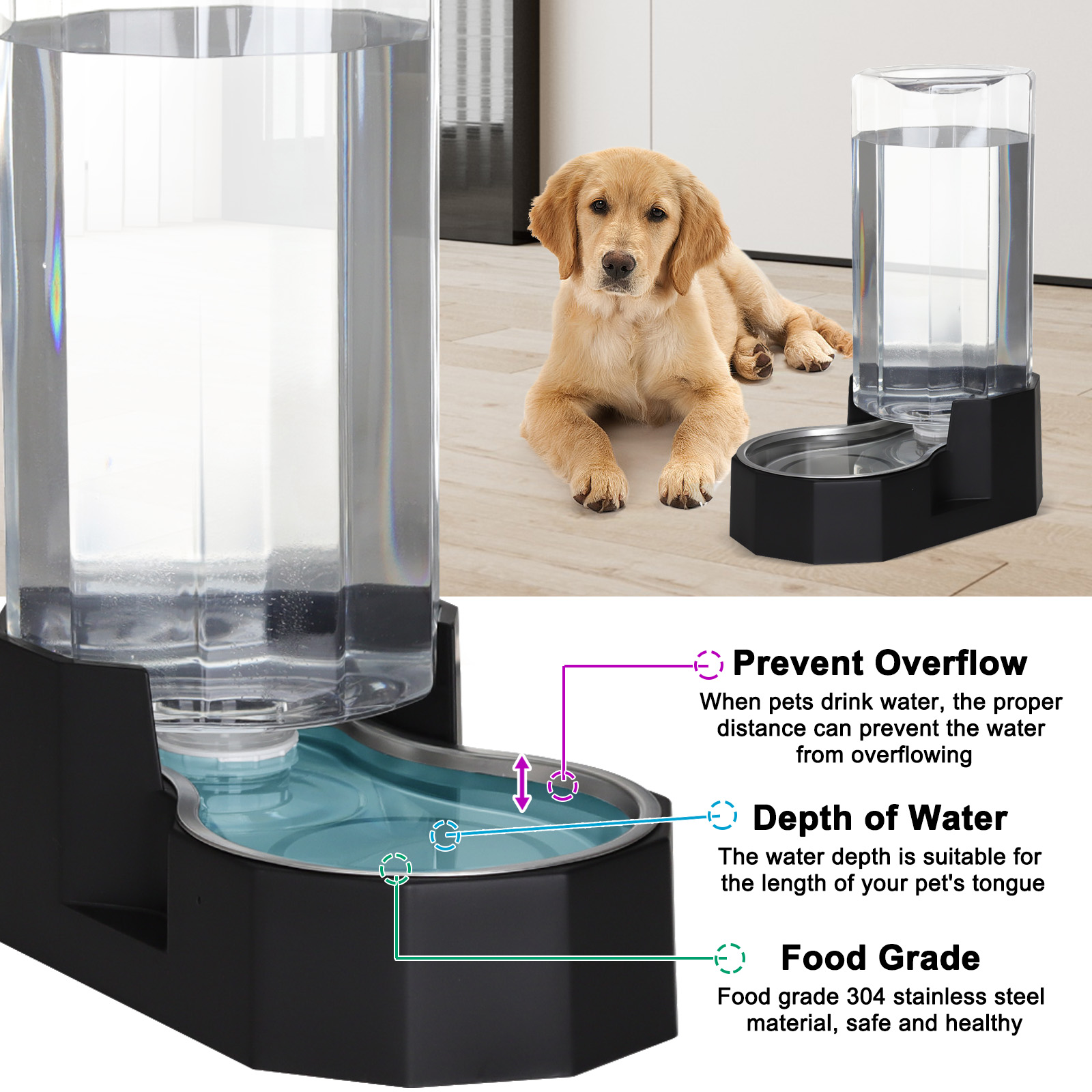 RIZZARI 9L Black Pet Water Dispenser - Automatic Stainless Steel Gravity Pet Feeder for Medium and Large-Sized Dogs and Cats