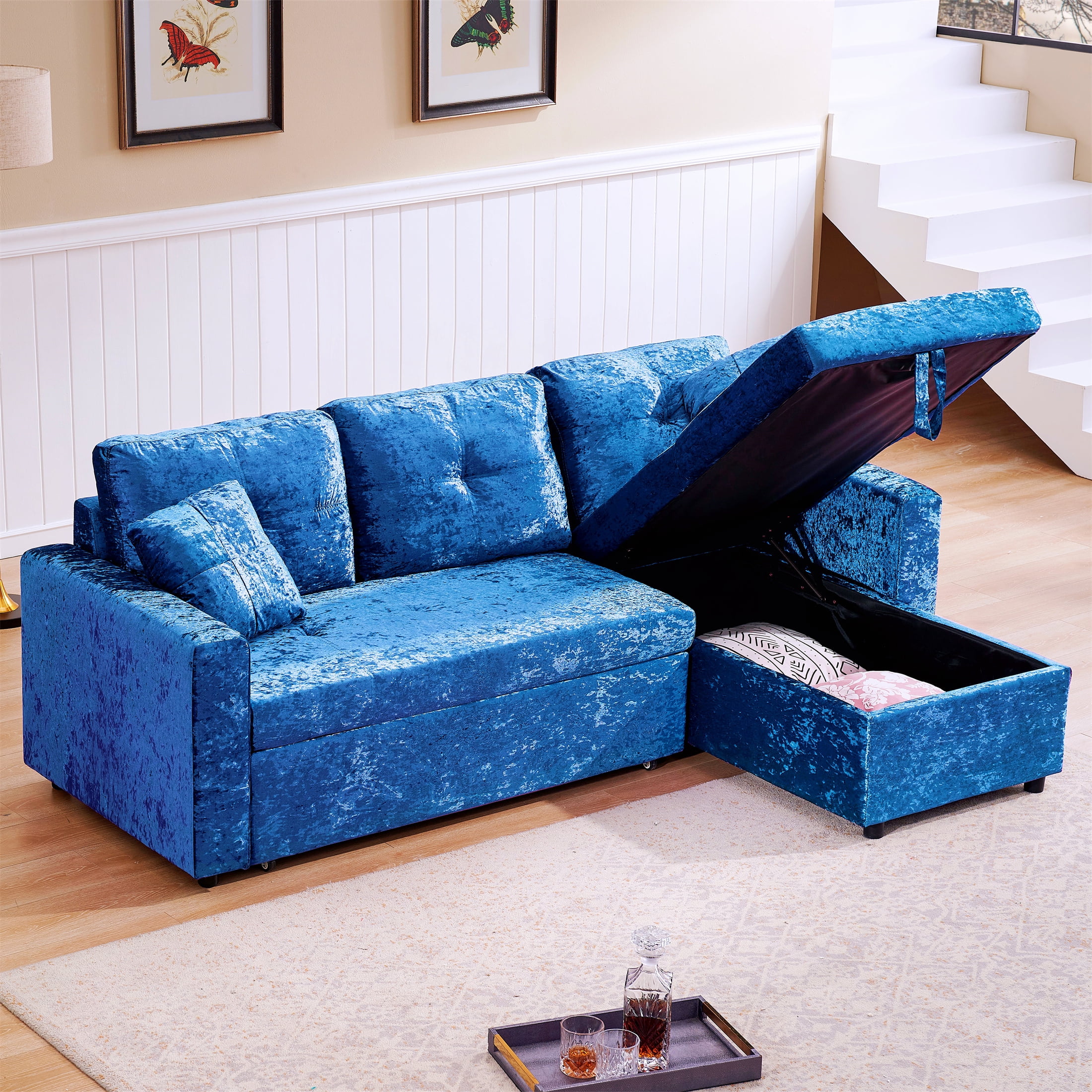 Sectional Sofa Pull Out Sleeper Bed Chaise Underneath Storage Baci