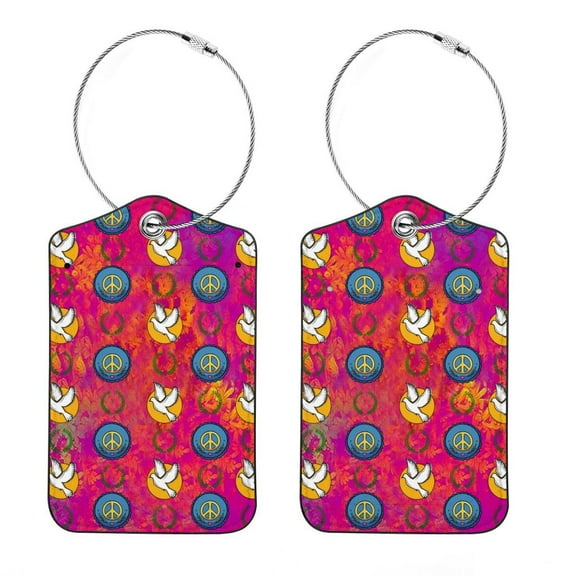 Luggage Tag, Travel Tags, Handbag Tag - Square PU Leather 2 Pack with Privacy Cover and Stainless Steel Ring - Suitable for Travel, Backpack, Handbag [Amazon Approved] Peace Sign
